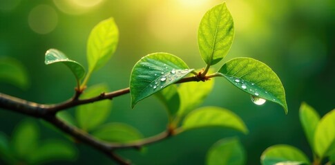 Obraz premium Water droplets on leafy branches in morning light, foliage, sunlight, dewy