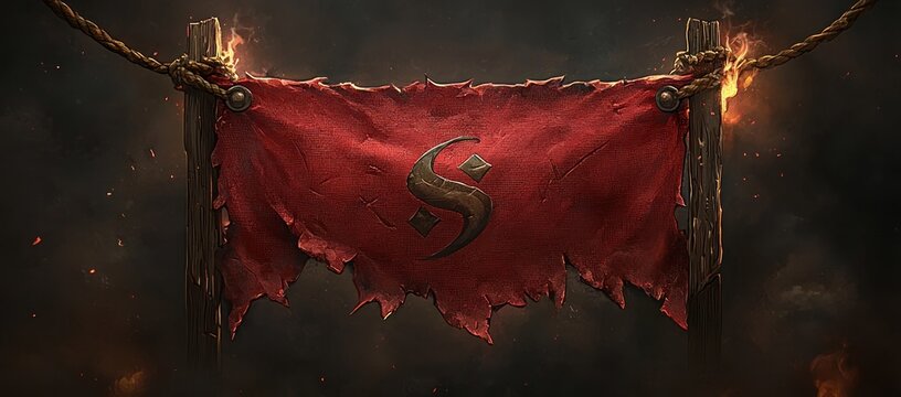 Torn red banner with dark symbol hangs between wooden posts; fire burns near rope.