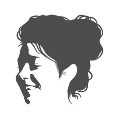 Young woman face half turn view in low key style. Elegant silhouette of a female head. Portrait of a happy smiled woman