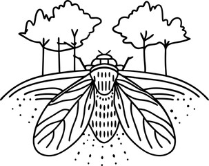 Detailed line art of a cicada moth in nature, surrounded by trees, showcasing insect wings and habitat
