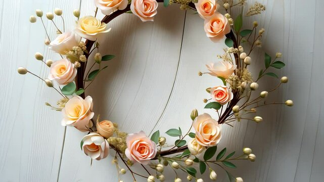  Wreath of pink and white roses on a white wooden background