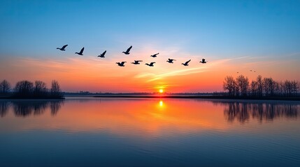 Obraz premium At dusk, a lake with birds flying in a V-shape across the sky, creating patterns on the water surface with light reflections.