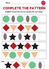 Math 2D and 3D Shape Pattern Sequence worksheet for Toddler, fine motor skill, what's come next, template