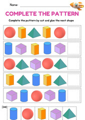 Math 2D and 3D Shape Pattern Sequence worksheet for Toddler, fine motor skill, what's come next, template