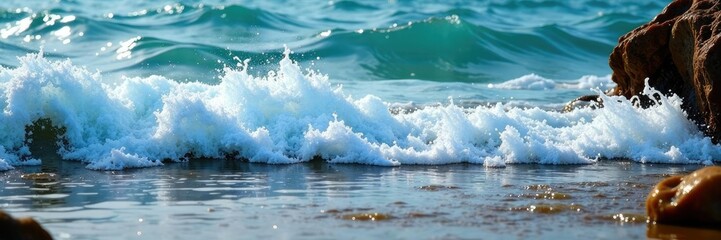 Obraz premium Water flowing over rocky shore with foamy crest, shoreline, water, wave