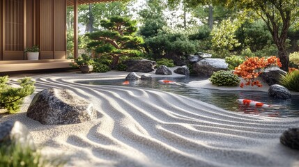 An elegant Japanese garden featuring flowing water and fish ponds