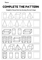Math 2D and 3D Shape Pattern Sequence worksheet for Toddler, fine motor skill, what's come next, template