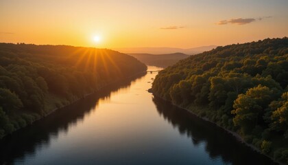 Serene River Landscape at Sunrise with Golden Light and Trees