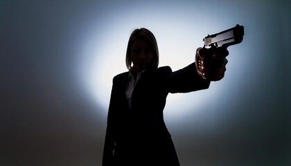 A mysterious woman in a dark suit pointing a gun, silhouetted against a dramatic backlight. Intense, cinematic lighting adds suspense, evoking crime, thriller, law enforcement, or espionage themes.
