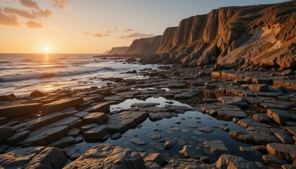 Obraz premium Serene Sunset Over Dramatic Cliffs and Rocky Shoreline Landscape