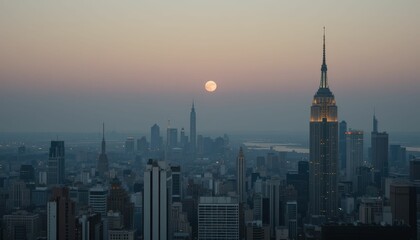 Naklejka premium New York City Skyline with Full Moon Over Urban Landscape at Dusk
