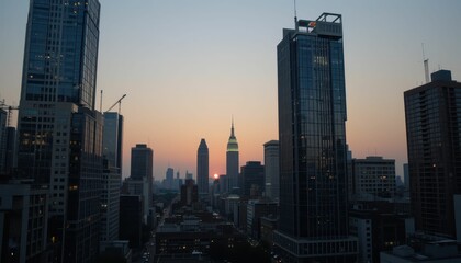 Urban Skyline at Dusk with Iconic Tower and City Lights