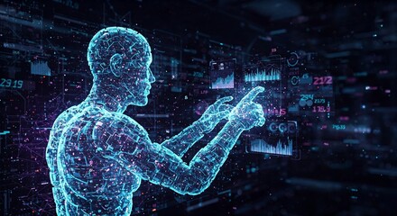 Digital human silhouette analyzing holographic data charts in a futuristic AI-driven environment, symbolizing artificial intelligence in strategic decision-making.