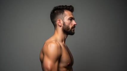 Fototapeta premium Side profile of a shirtless man with a muscular build and short hair.