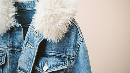 Close up of a blue denim jacket with a fluffy white collar. isolated on white beige background