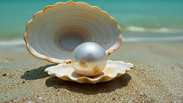  Perfectly round pearl sitting in an open shell on the beach with the ocean gently lapping at the shore