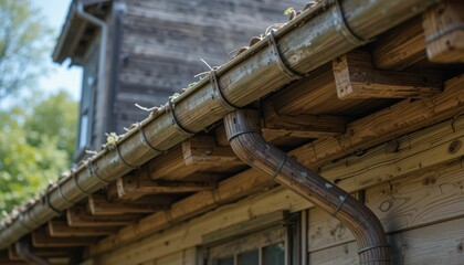 Detailed View of Rustic Wooden Gutter and Downspout on Cabin
