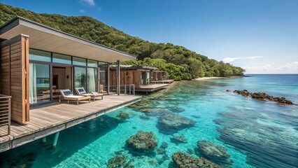 Fototapeta premium Luxury Overwater Bungalows with Turquoise Lagoon View - Tropical Island Getaway