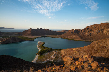 Playa Balandra in Baja California Sur, coastal view of majestic desert and bay landscape