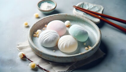 Fototapeta premium Traditional Japanese mochi rice cakes, dusted with starch, elegant and serene display