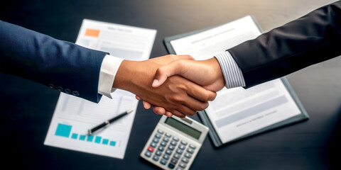 Financial services investing concept. Business professionals shaking hands over documents and a calculator on a desk.