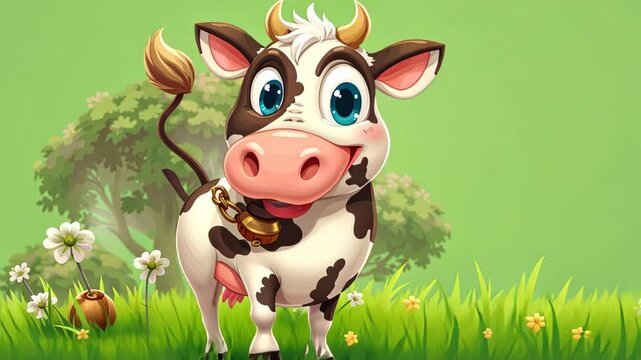  Cartoon cow with a bell and chain standing in a grassy field with white and yellow flowers