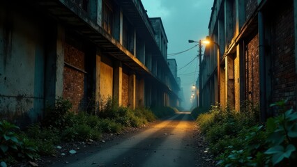 An atmospheric twilight scene of a deserted industrial alleyway, illuminated by faint streetlights, overgrown with vegetation, exhibiting a sense of quiet solitude and forgotten industry.