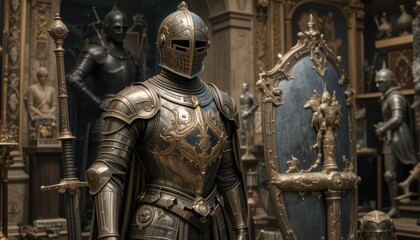Majestic Knight in Ornate Armor Surrounded by Historical Artifacts