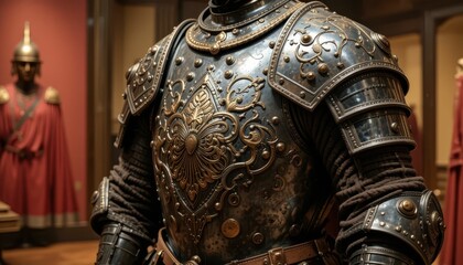 Detailed Close-Up of Ornate Historical Knight Armor Displayed