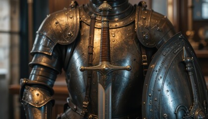 Detailed Display of Antique Armor and Sword in Historical Setting