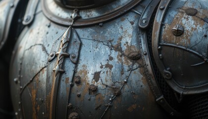 Detailed Close-Up of Weathered Medieval Armor with Rust and Texture