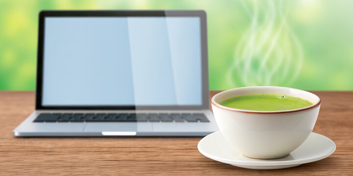 Productivity hacks concept. A laptop beside a steaming cup of green tea on a wooden table, set against a bright, natural background.