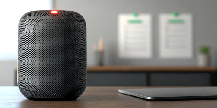 Productivity hacks concept. Smart speaker on a desk with a minimalist design, surrounded by office elements in a modern workspace.