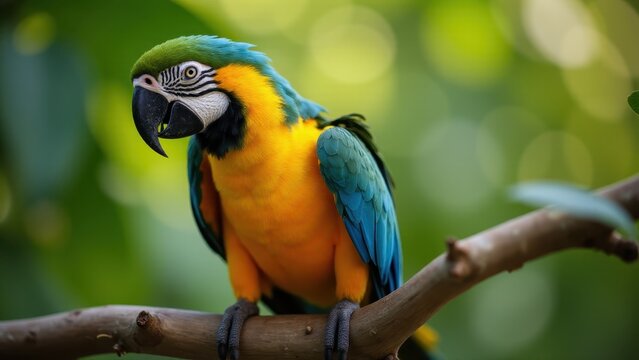 A vibrant blue and yellow mini macaw perched on a branch with a blurred green background.