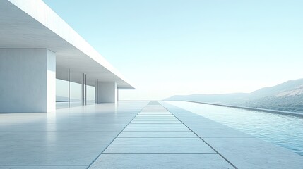 Obraz premium A minimalist facade of a building features a straight path of windows, leading the eye to a distant vanishing point.