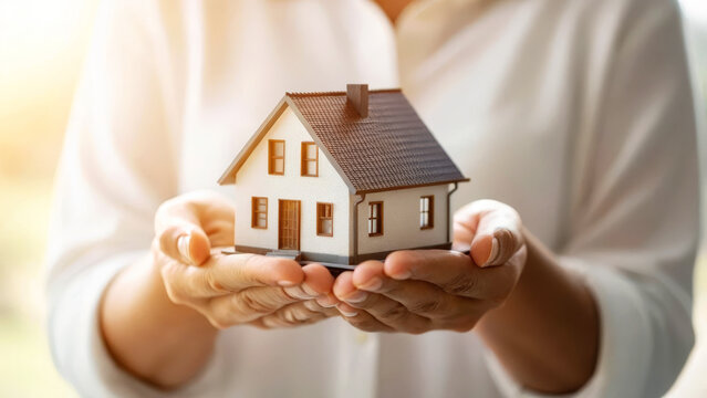 A person holds a small model house, symbolizing home ownership, real estate, and the concept of building a future.