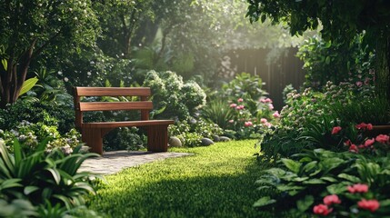Obraz premium A wooden bench resides within a beautiful sunlit garden landscape