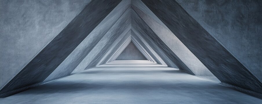 A concrete tunnel with repeating triangular architectural structures