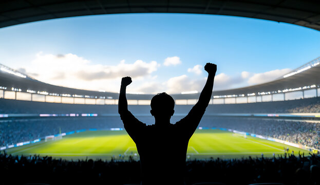 silhouette of cheering fans in the stands at an empty football stadium,