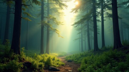Obraz premium A myst forest with sunlight filtering through tall trees, creating a serene and ethereal atmosphere.