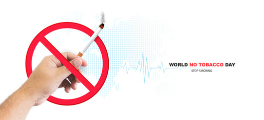 World No Tobacco Day. Hand holding a cigarette with a prohibition sign over the Earth, symbolizing...