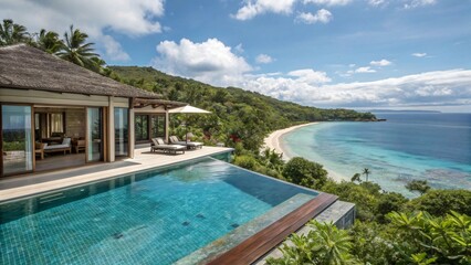 Fototapeta premium Luxury Cliffside Villa with Infinity Pool and Ocean View - Tropical Island Retreat