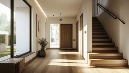 Fototapeta premium Modern Minimalist Home Entrance with Wooden Staircase and Sunlight Streaming Through Large Window