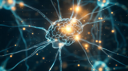 Neurons: A close-up view of glowing neurons firing in a dynamic, intricate network, depicting the complex beauty of the brain and neural activity.