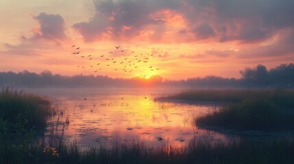 Fototapeta premium At sunset, birds fly low over a marshland, while the sky glows in pastel tones and the water reflects the evening light.