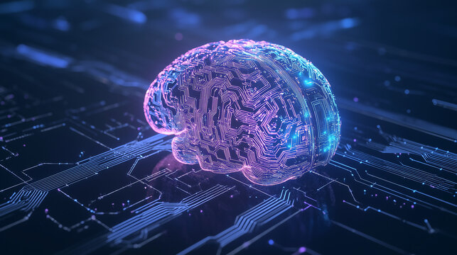 Digital Brain: An illuminating brain icon glows amidst intricate circuitry, representing the intersection of artificial intelligence, machine learning, and advanced technology