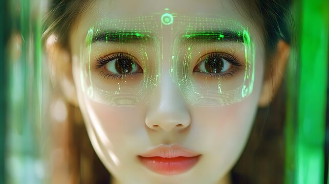 Woman's face with futuristic green overlay.
