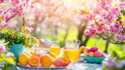 A festive Easter table adorned with colorful eggs, flowers, and treats celebrating the holiday spirit.