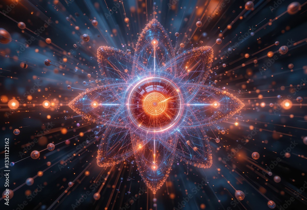 Poster abstract fractal design with glowing particles in symmetrical pattern
