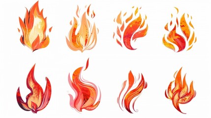 Vivid Set of Red - Orange Fire Flames Against a Crisp White Background